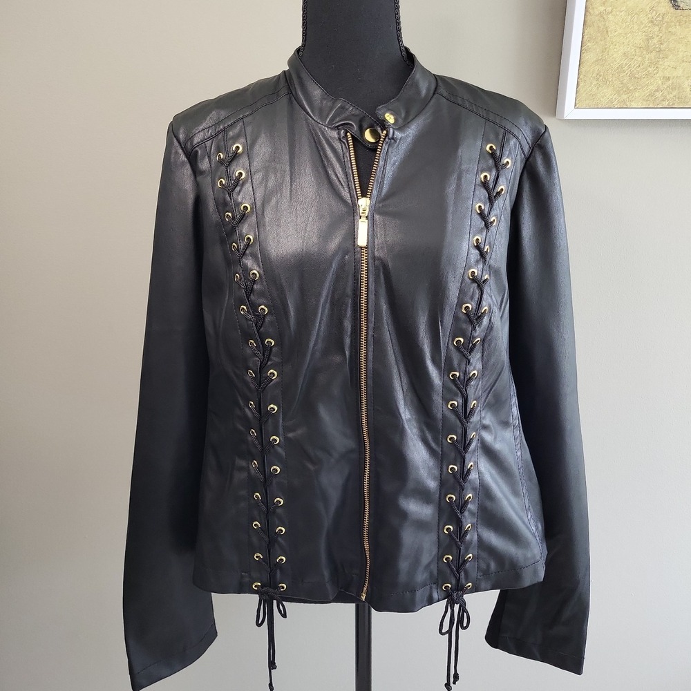NWT Lane Bryant Faux Leather Moto Jacket Black Lace Up Gold Zip Women's 14/16